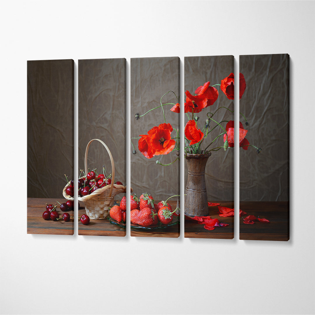 Still Life Poppy and Cherries Canvas Print ArtLexy 5 Panels 36"x24" inches 