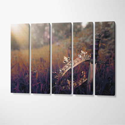 King Crown and Sword in Mysterious Forest Canvas Print ArtLexy 5 Panels 36"x24" inches 