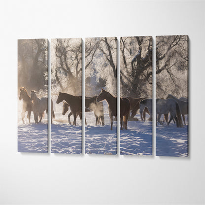 Herd of Horses on Winter Morning Canvas Print ArtLexy 5 Panels 36"x24" inches 