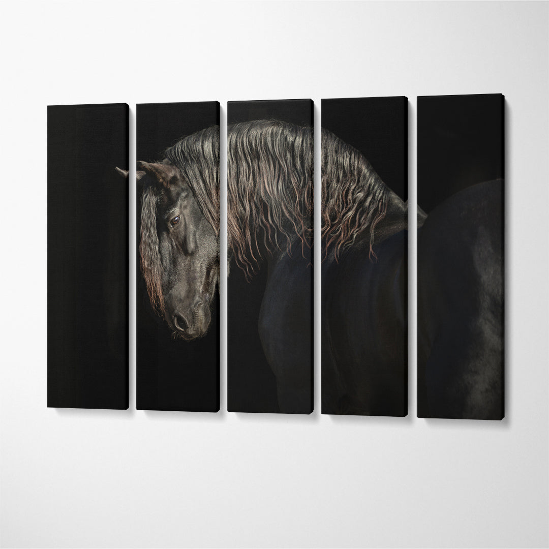 Black Friesian Horse Portrait Canvas Print ArtLexy 5 Panels 36"x24" inches 