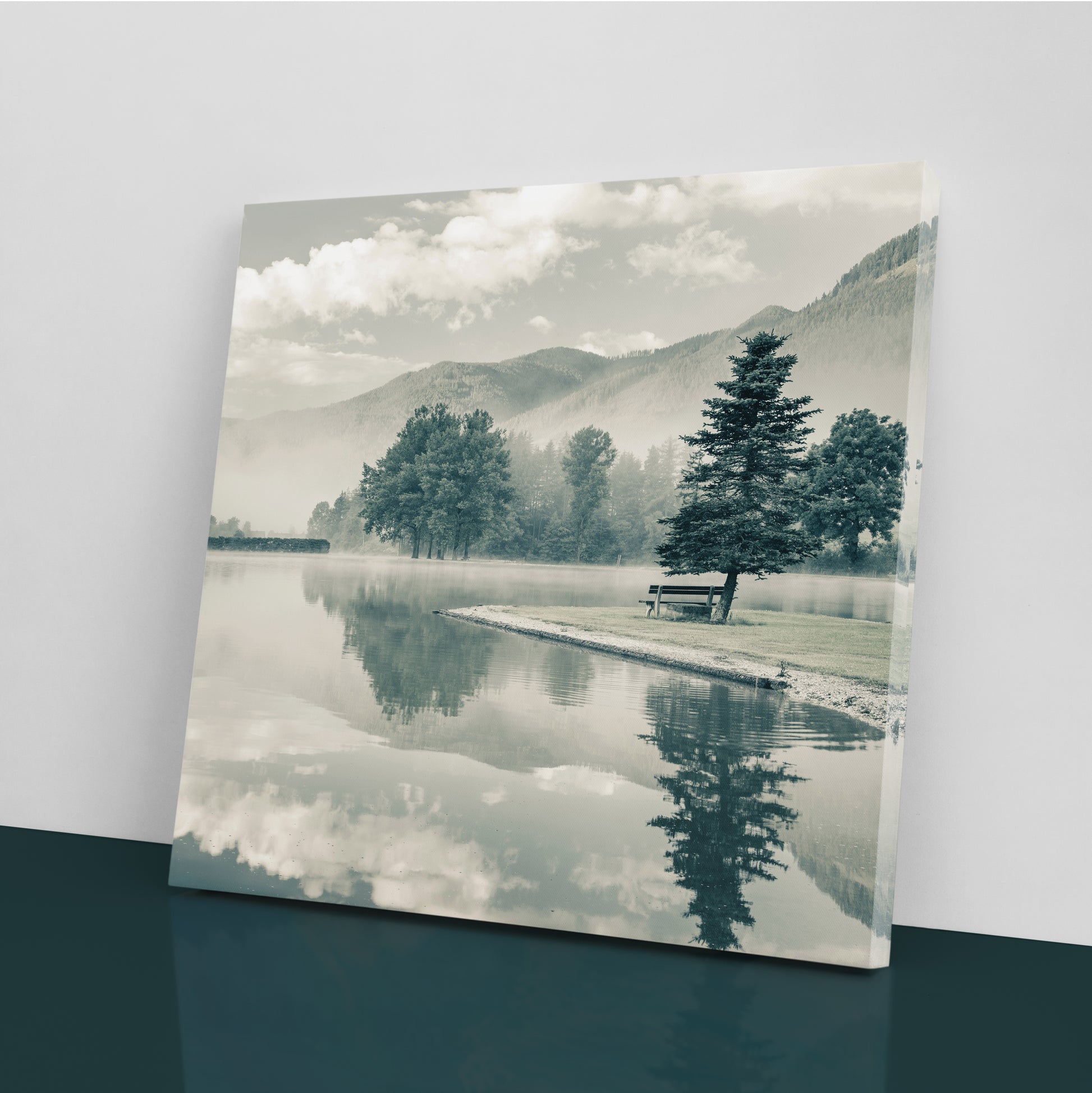 Bench and Calm Lake Canvas Print ArtLexy   