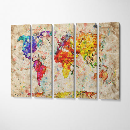 Vintage Colorful World Map Canvas Print ArtLexy 5 Panels 36"x24" inches 