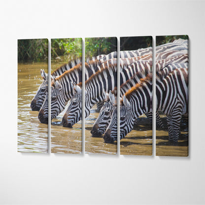Zebras at Watering Hole Kenya Tanzania Canvas Print ArtLexy 3 Panels 36"x24" inches 