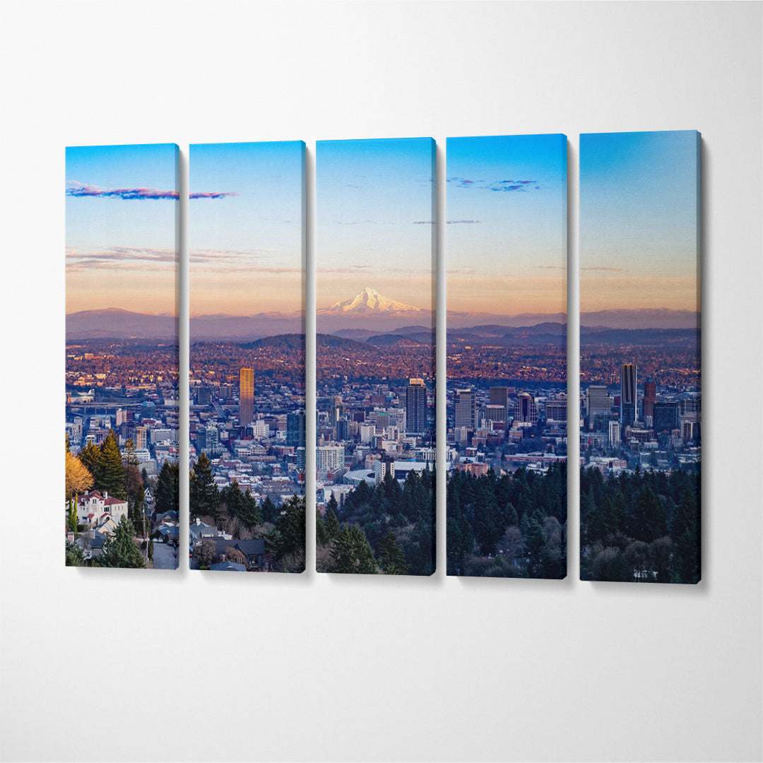 Portland Cityscape with Mount Hood Canvas Print ArtLexy 5 Panels 36"x24" inches 