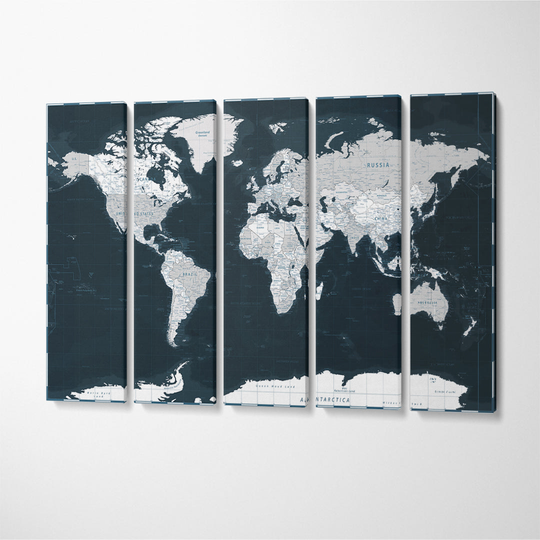 Dark Blue Political World Map Canvas Print ArtLexy 5 Panels 36"x24" inches 