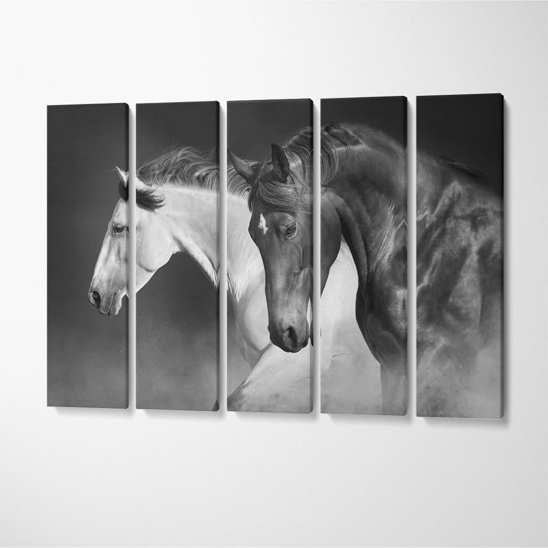 Stunning Black and White Horses Run Gallop Canvas Print ArtLexy 5 Panels 36"x24" inches 