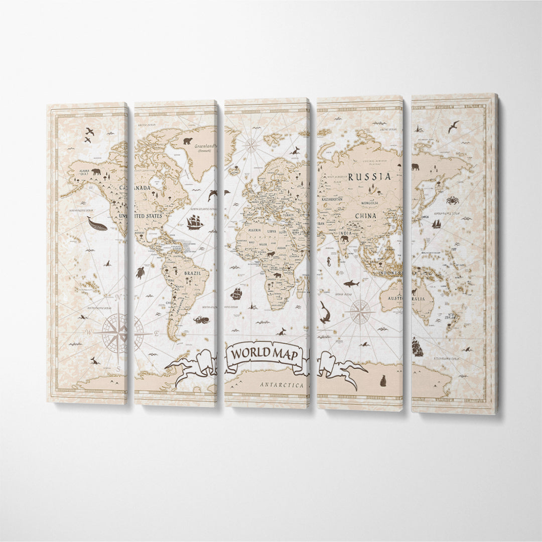 Ancient World Map Canvas Print ArtLexy 5 Panels 36"x24" inches 