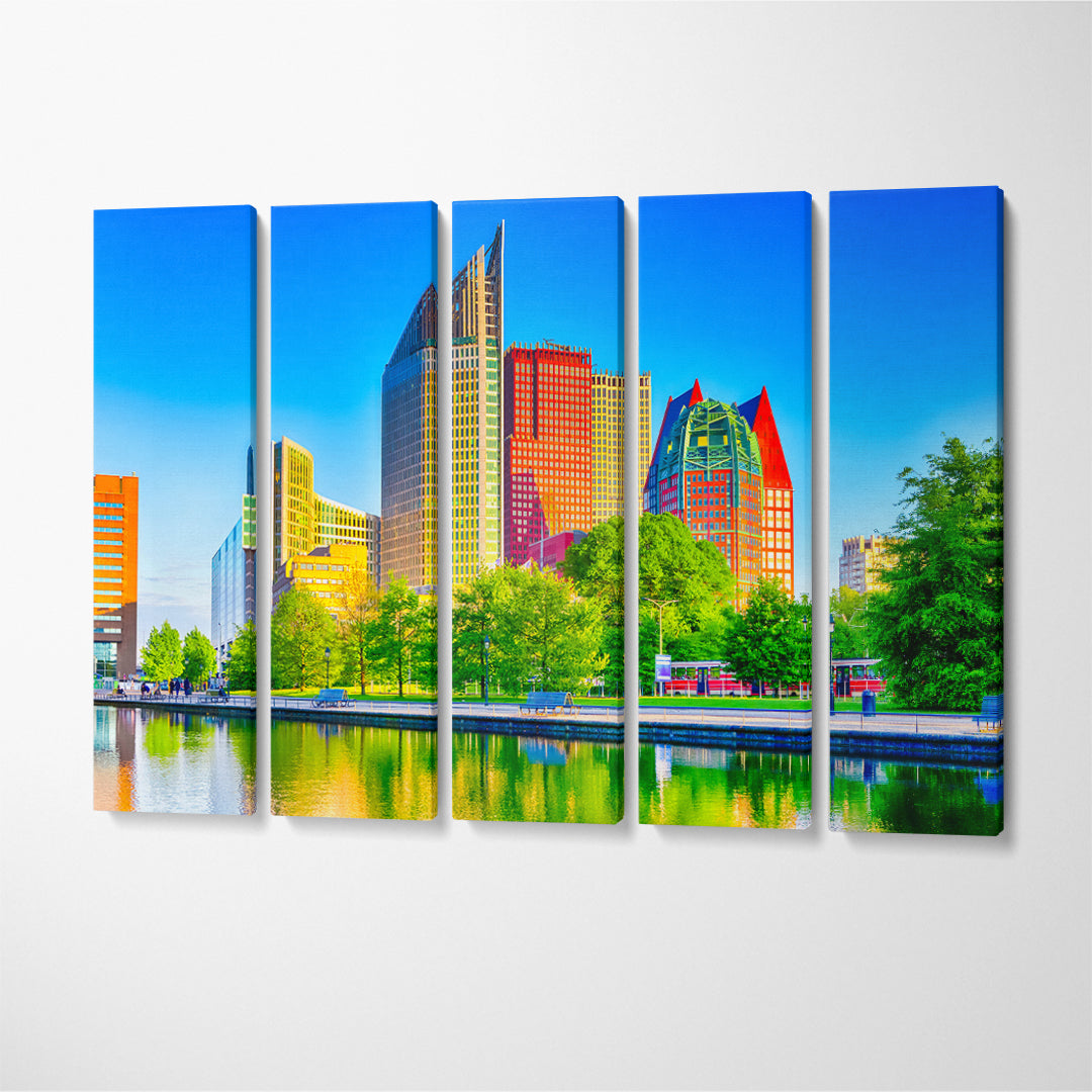Hague Skyscrapers Skyline at Blue Hour in Netherlands Canvas Print ArtLexy 5 Panels 36"x24" inches 