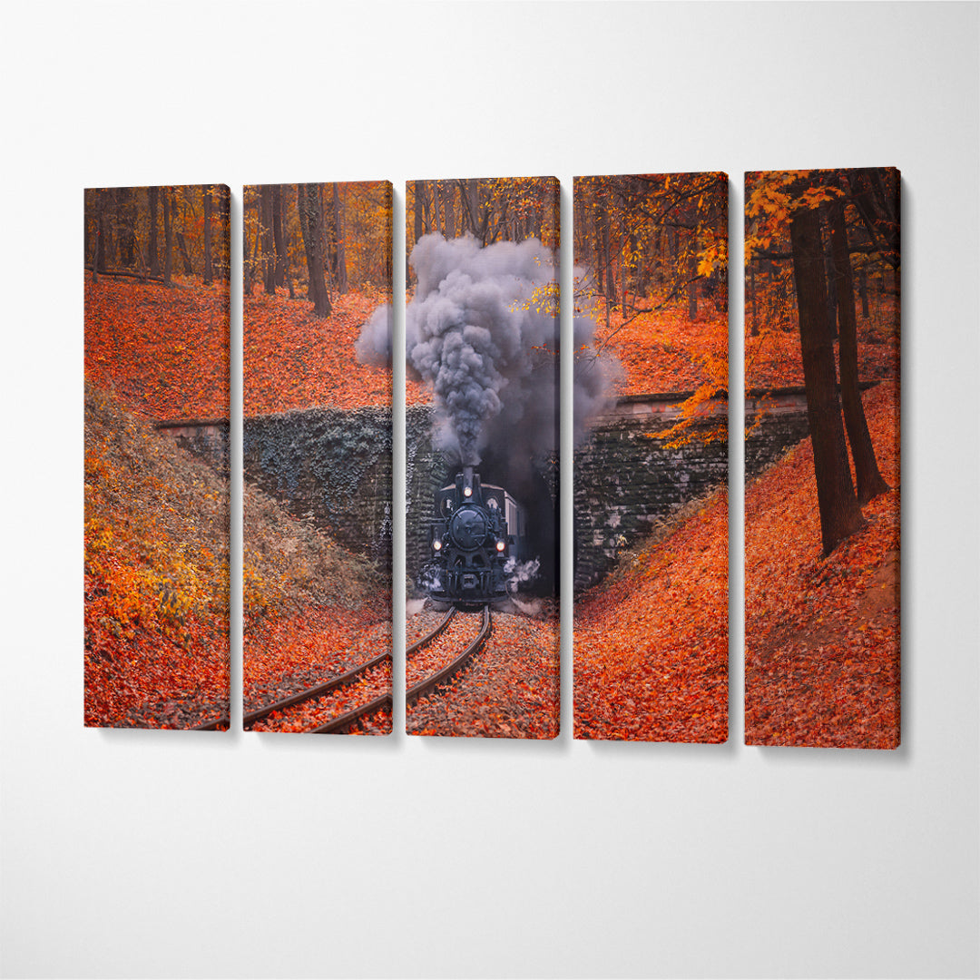 Steam Engine Locomotive Train Coming Through Tunnel in Autumn Forest Budapest Canvas Print ArtLexy 5 Panels 36"x24" inches 