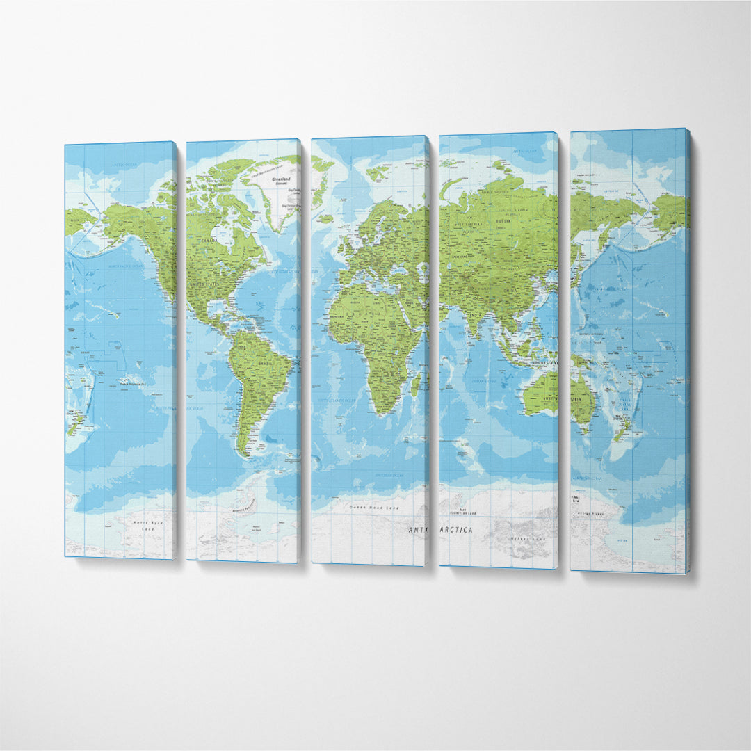 Detailed Topographic World Map Canvas Print ArtLexy 5 Panels 36"x24" inches 