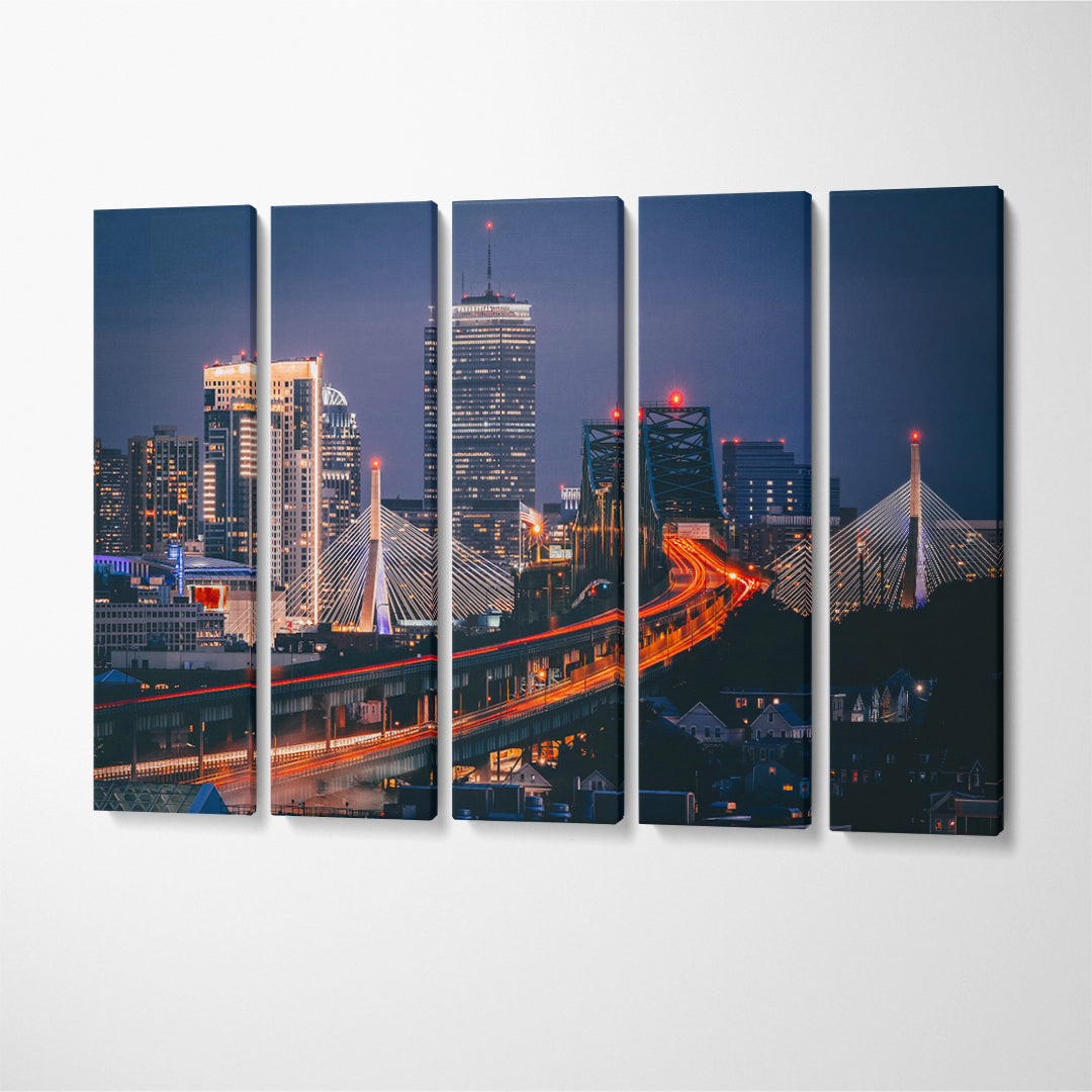 Boston Skyline at Night Canvas Print ArtLexy 5 Panels 36"x24" inches 