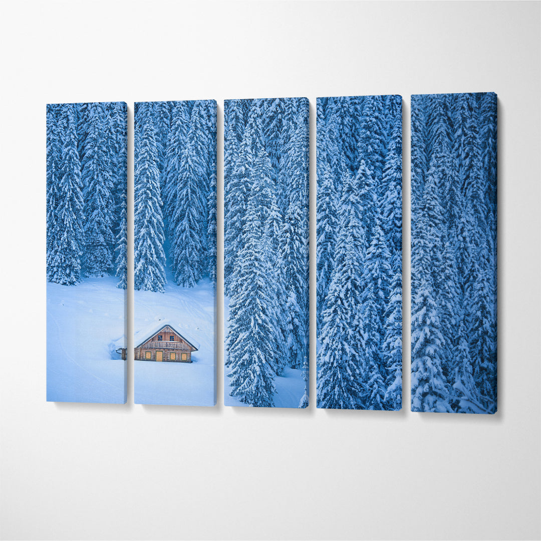 Winter Forest and Mountain Chalet Austria Canvas Print ArtLexy 5 Panels 36"x24" inches 
