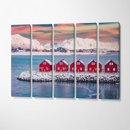 Traditional Norwegian Red Wooden Houses Lofoten Islands Canvas Print ArtLexy 5 Panels 36"x24" inches 