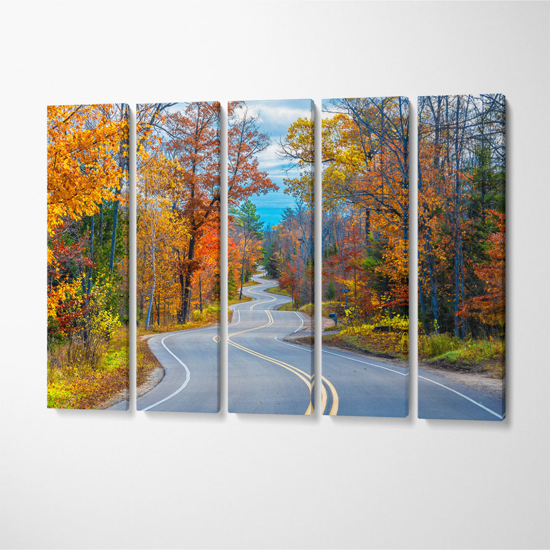 Winding Road at Autumn Forest Canvas Print ArtLexy 5 Panels 36"x24" inches 