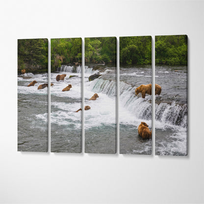 Bears Hunting Salmon at Brooks Falls Alaska Canvas Print ArtLexy 5 Panels 36"x24" inches 