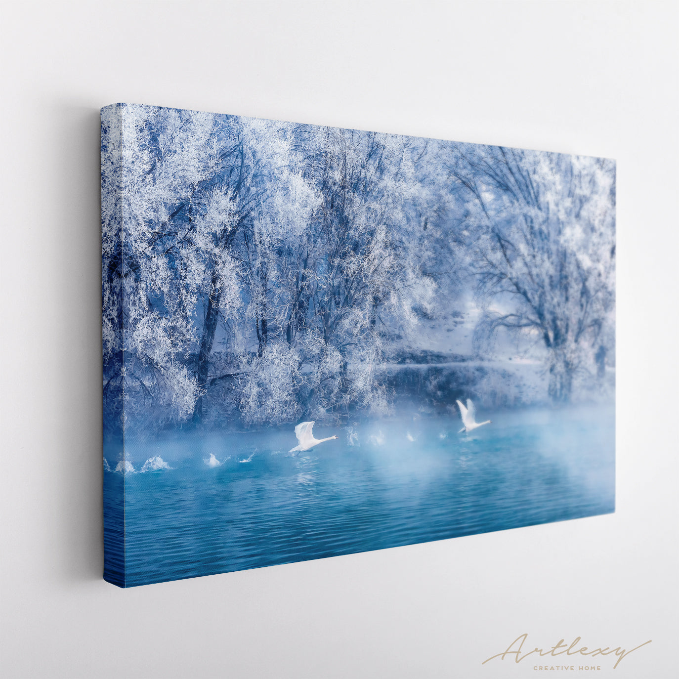 Beautiful Winter Landscape with Swans on Lake Canvas Print ArtLexy   