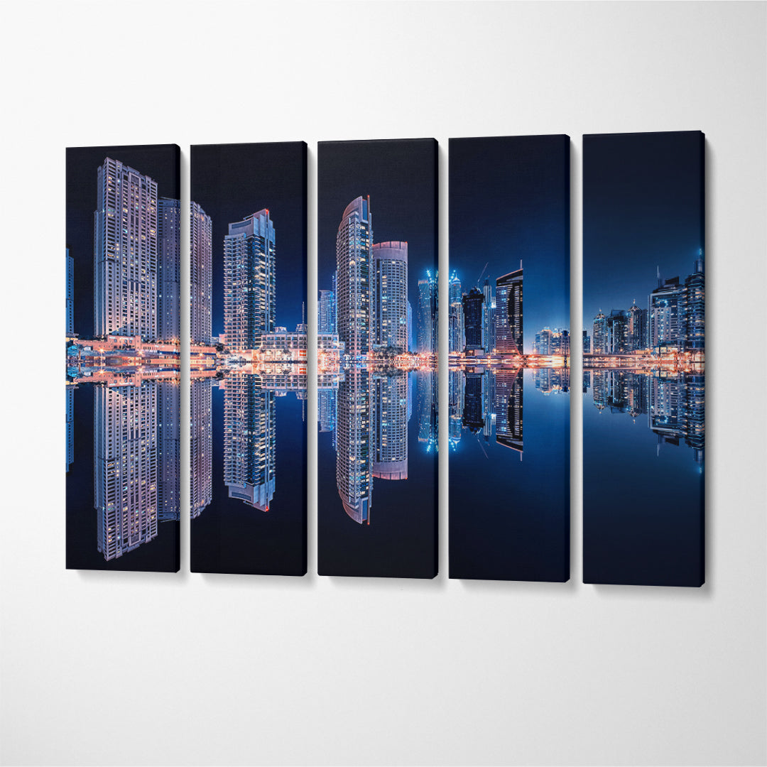 Night Dubai Marina Reflection Canvas Print ArtLexy 5 Panels 36"x24" inches 