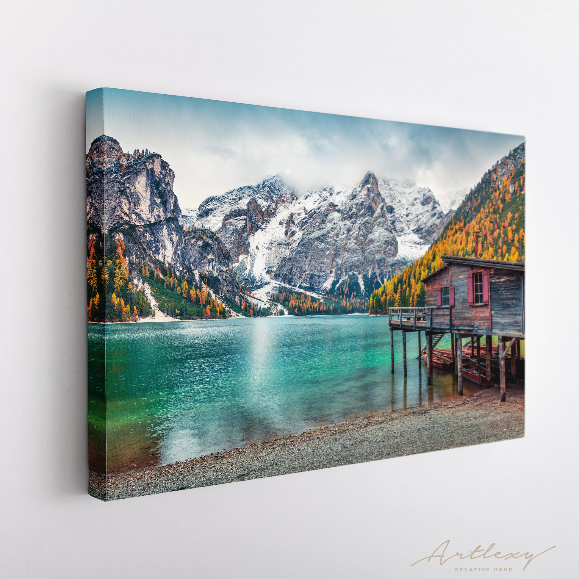 Braies Lake Colorful Autumn Landscape Canvas Print ArtLexy   