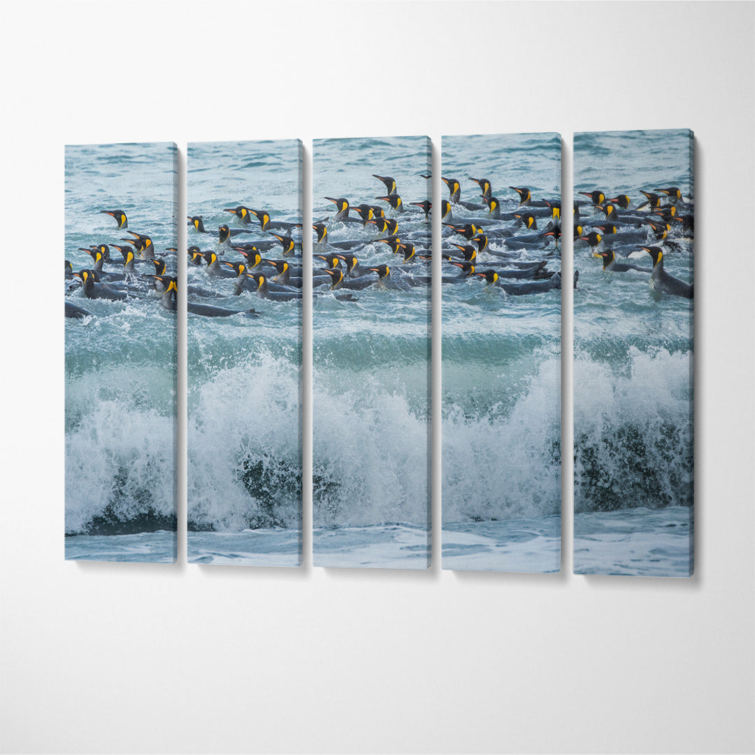 King Penguins Swimming in Waves Canvas Print ArtLexy 5 Panels 36"x24" inches 