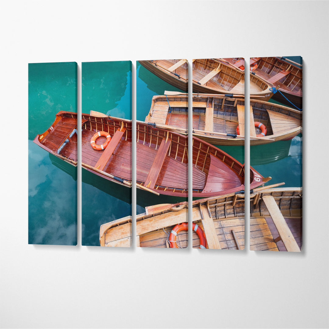 Boats on Braies Lake Dolomites Alps Italy Canvas Print ArtLexy 5 Panels 36"x24" inches 