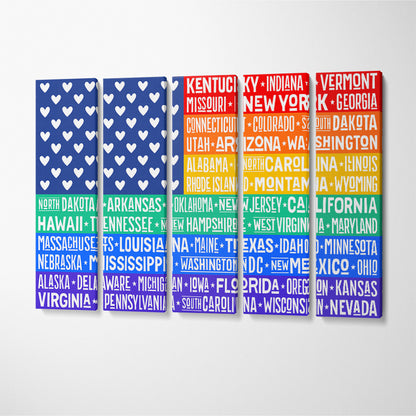 Rainbow United States of America Flag with States Canvas Print ArtLexy 5 Panels 36"x24" inches 