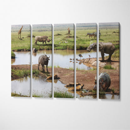 Wild Animals Around Watering Hole Kenya Africa Canvas Print ArtLexy 5 Panels 36"x24" inches 
