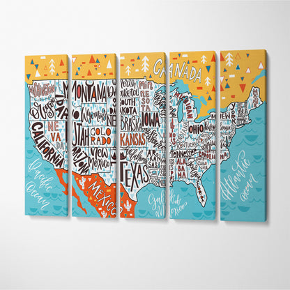 United States Map with States Canvas Print ArtLexy 5 Panels 36"x24" inches 