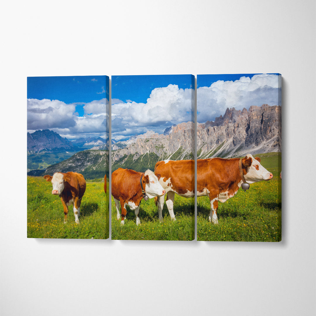 Cows in Alps Mountains Canvas Print ArtLexy 3 Panels 36"x24" inches 