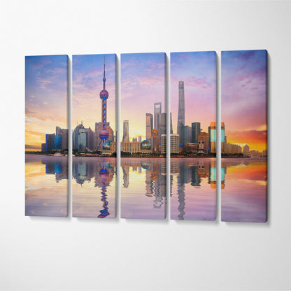China Shanghai City Skyline at Dusk Canvas Print ArtLexy 5 Panels 36"x24" inches 