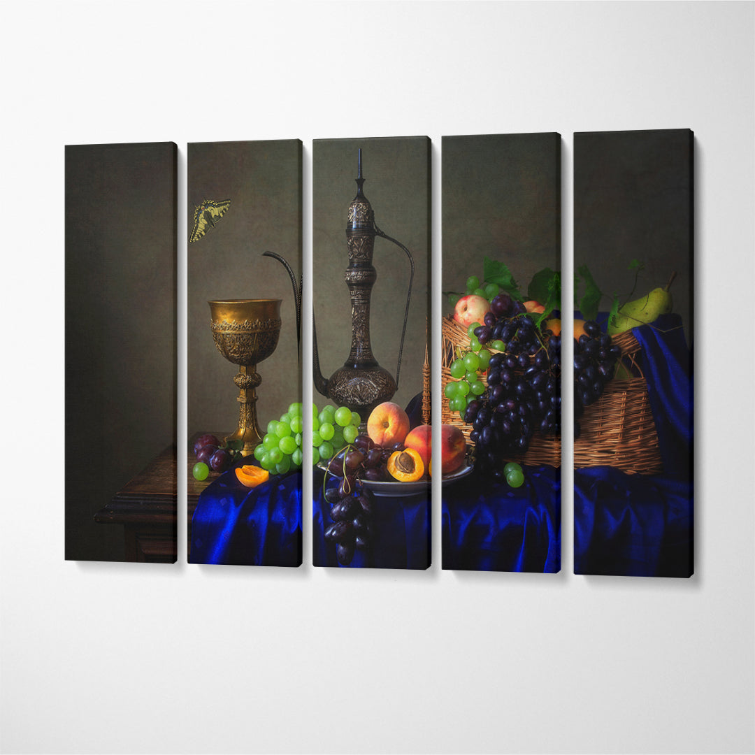 Still Life Grapes and Vintage Jug Canvas Print ArtLexy 5 Panels 36"x24" inches 