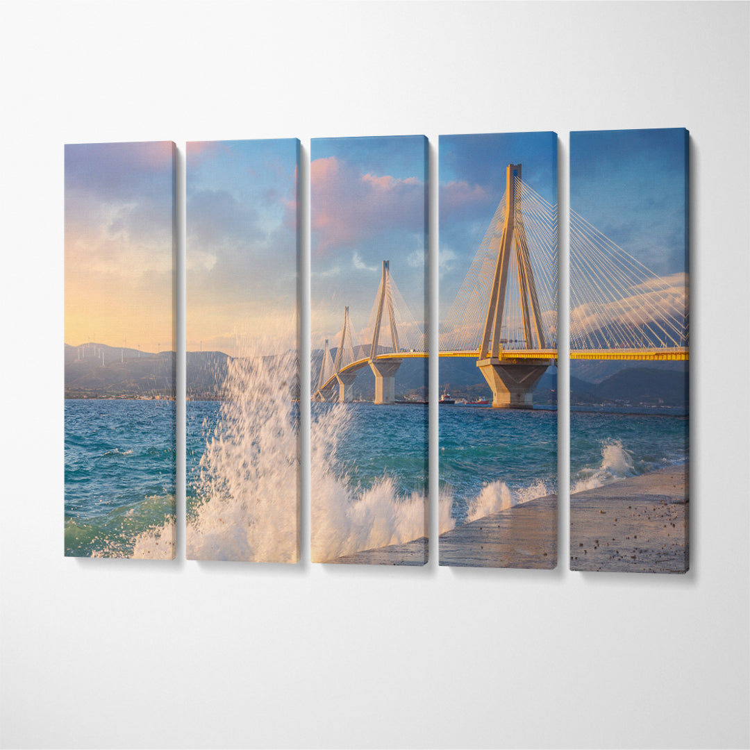 Rion-Antirion Bridge with Waves Splash Greece Canvas Print ArtLexy 5 Panels 36"x24" inches 