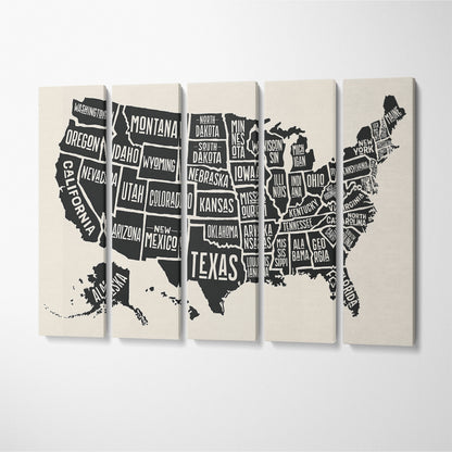 United States of America Map with State Names Canvas Print ArtLexy 5 Panels 36"x24" inches 