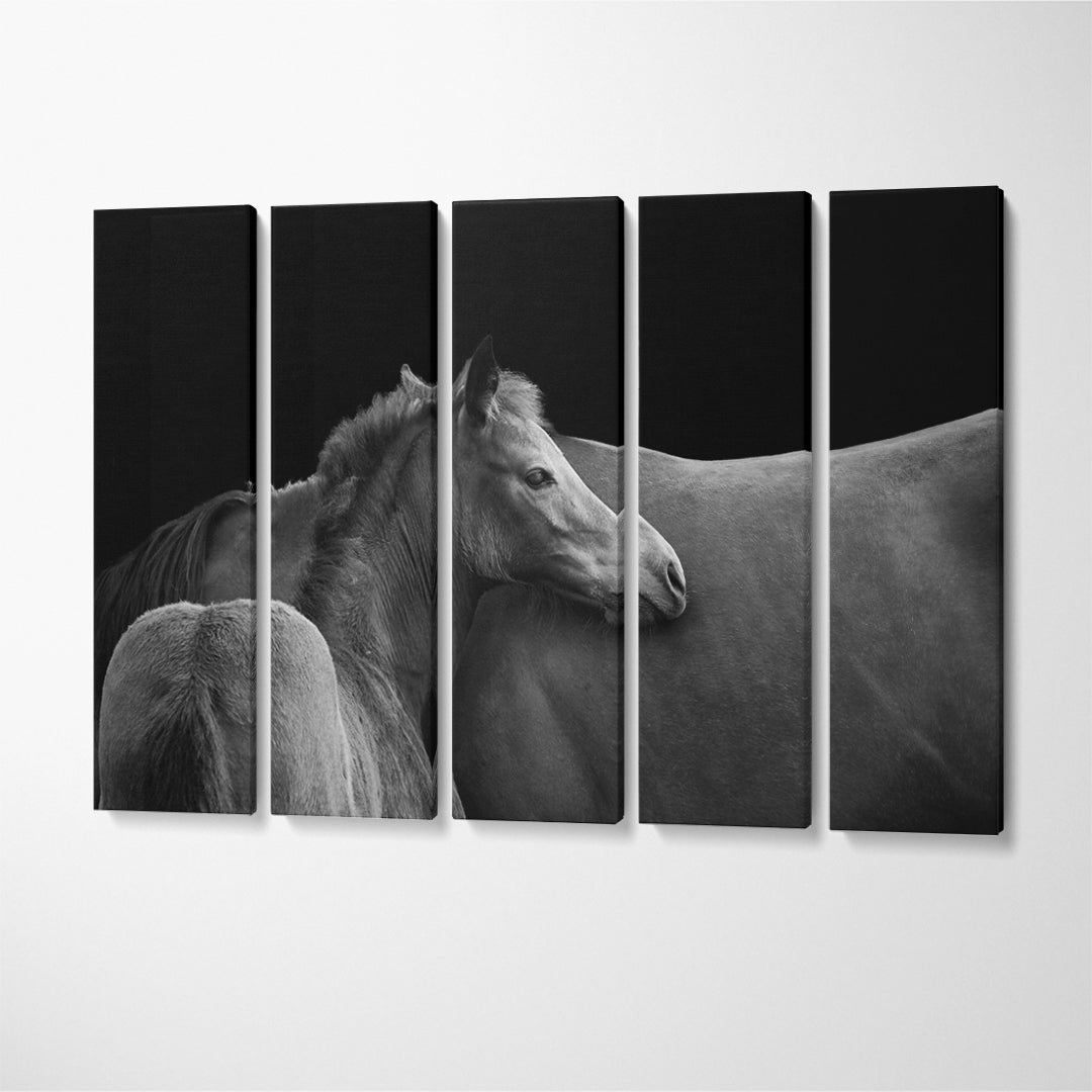 Horse Silhouette with Foal in Black and White Canvas Print ArtLexy 5 Panels 36"x24" inches 