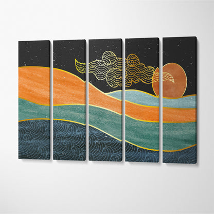 Geometric Japanese Mountain Landscape Canvas Print ArtLexy 5 Panels 36"x24" inches 
