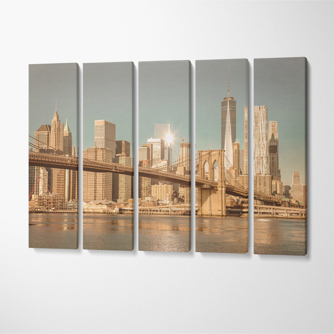 New York Brooklyn Bridge and Manhattan Canvas Print ArtLexy 5 Panels 36"x24" inches 