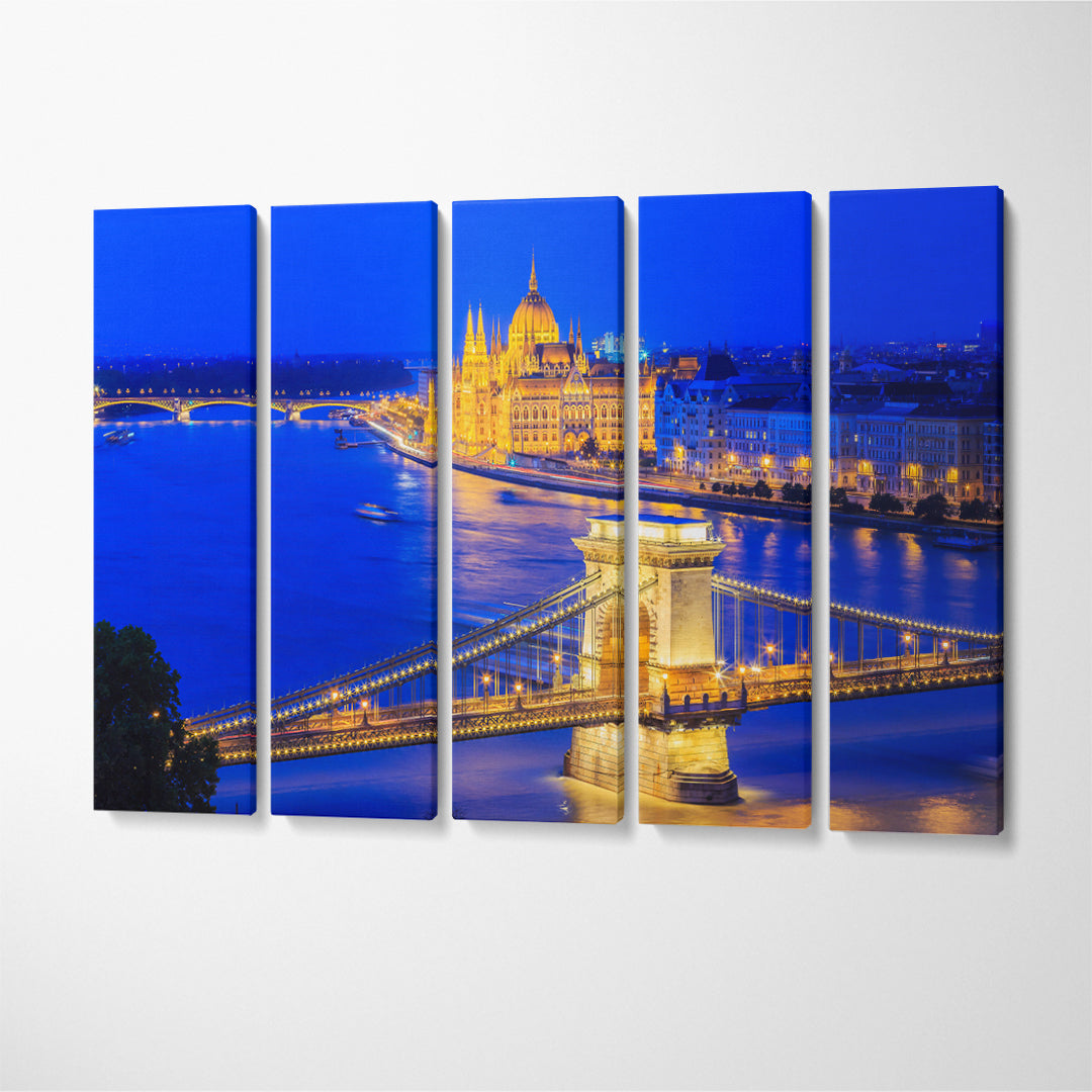 Budapest with Chain Bridge and the Parliament at Night Canvas Print ArtLexy 5 Panels 36"x24" inches 