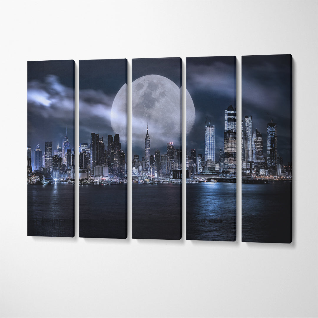 Manhattan Skyline at Dusk with Huge Moon New York USA Canvas Print ArtLexy 5 Panels 36"x24" inches 