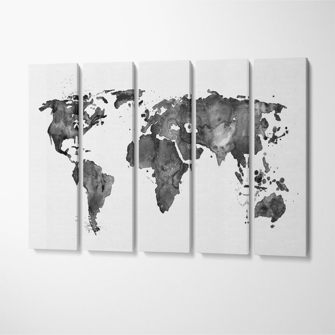 Abstract Black Map of the World Canvas Print ArtLexy 5 Panels 36"x24" inches 