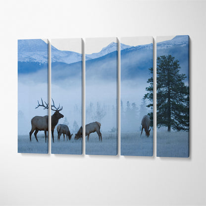 Deer in Rocky Mountains on Frosty Morning Canvas Print ArtLexy 5 Panels 36"x24" inches 