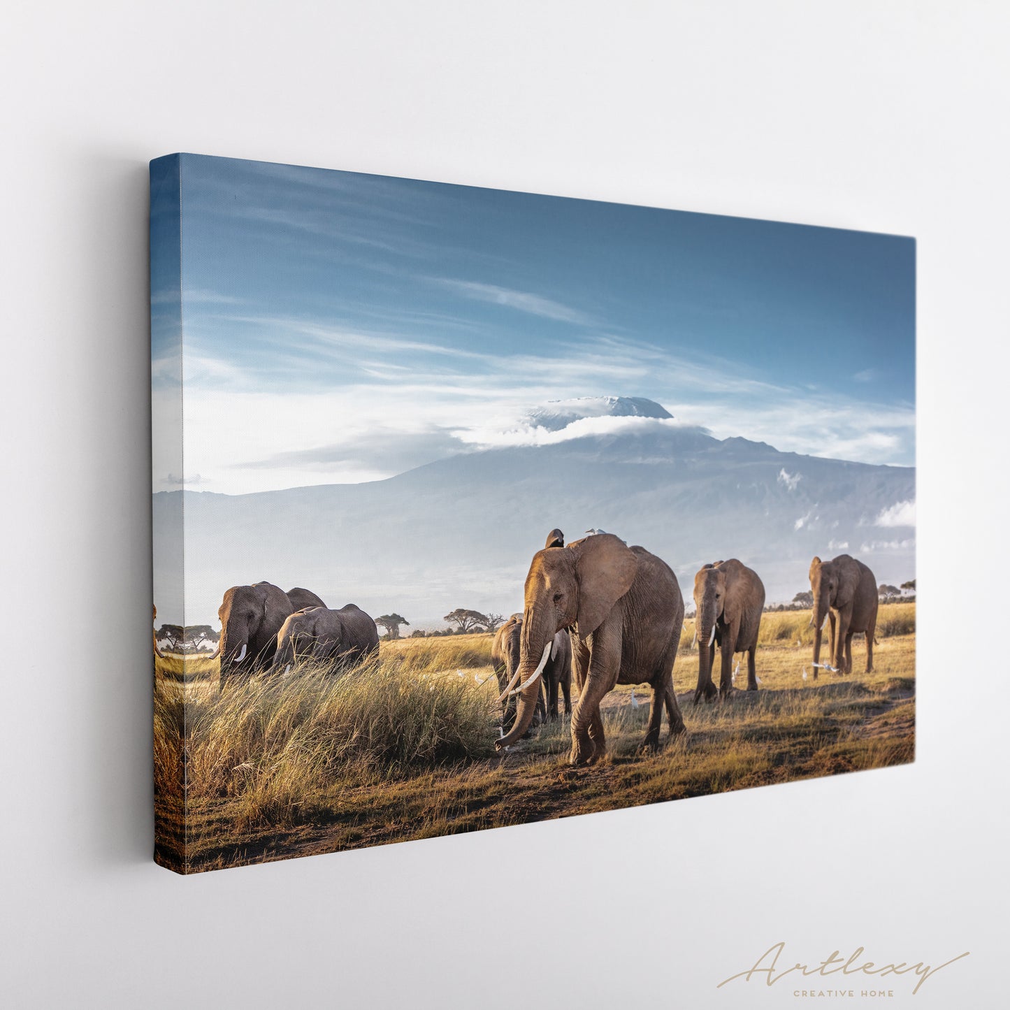 Herd of African Elephants in front of Mount Kilimanjaro Canvas Print ArtLexy   