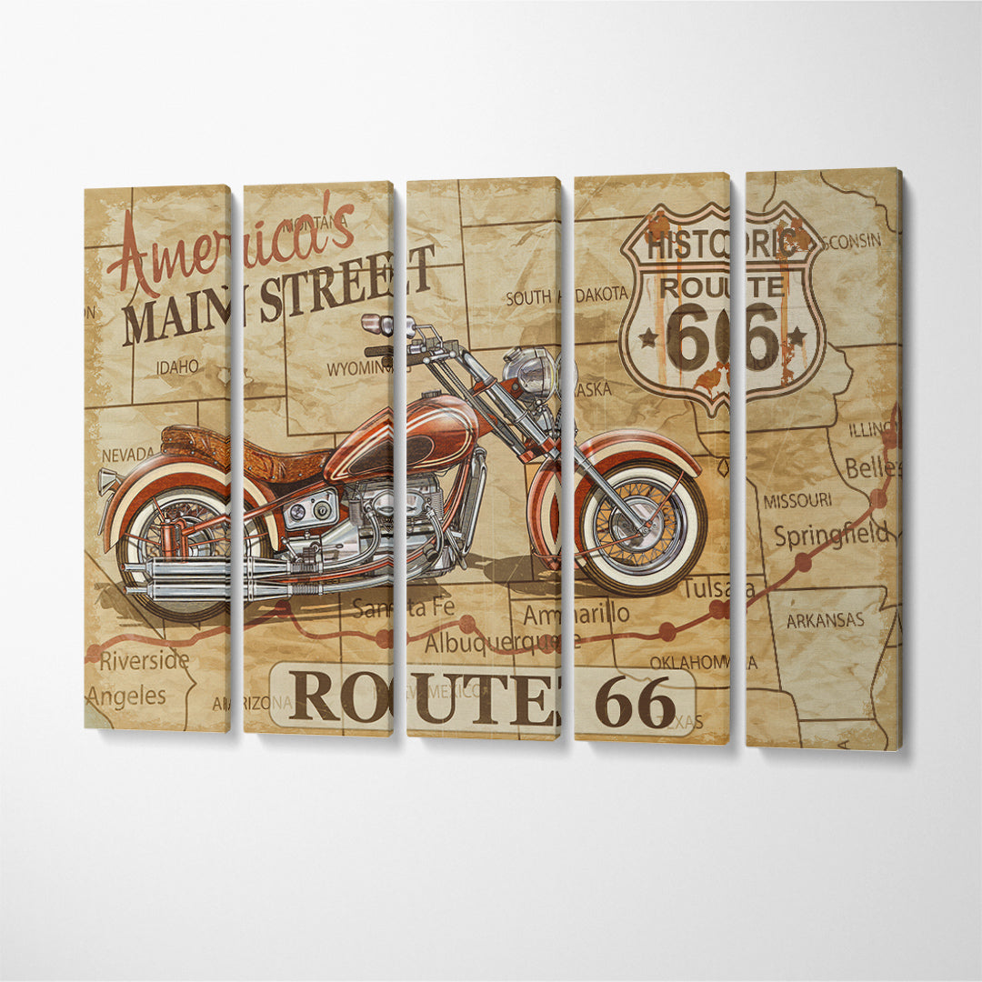 Vintage Motorcycle Route 66 Canvas Print ArtLexy 5 Panels 36"x24" inches 