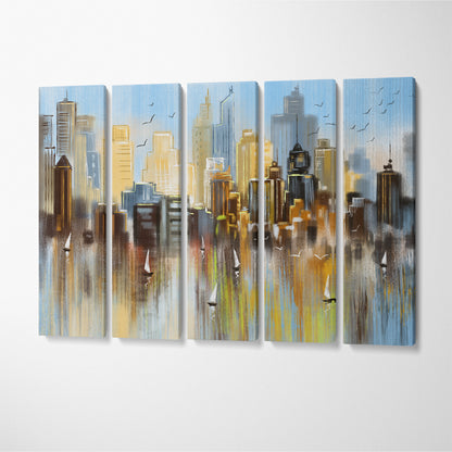 Abstract City Reflected in Water with Sailboats Canvas Print ArtLexy 5 Panels 36"x24" inches 