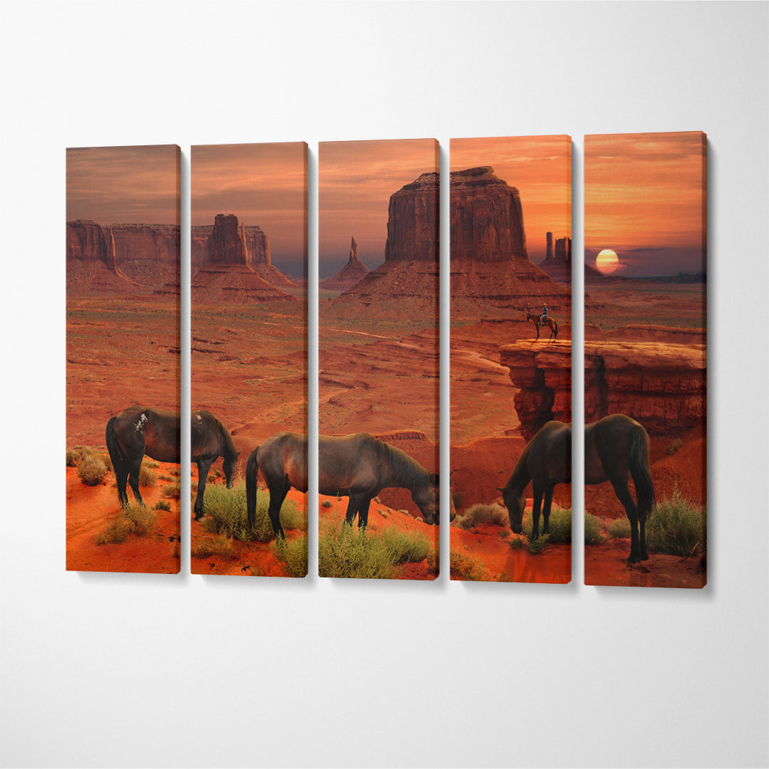 Horses at Monument Valley Tribal Park Arizona USA Canvas Print ArtLexy 5 Panels 36"x24" inches 