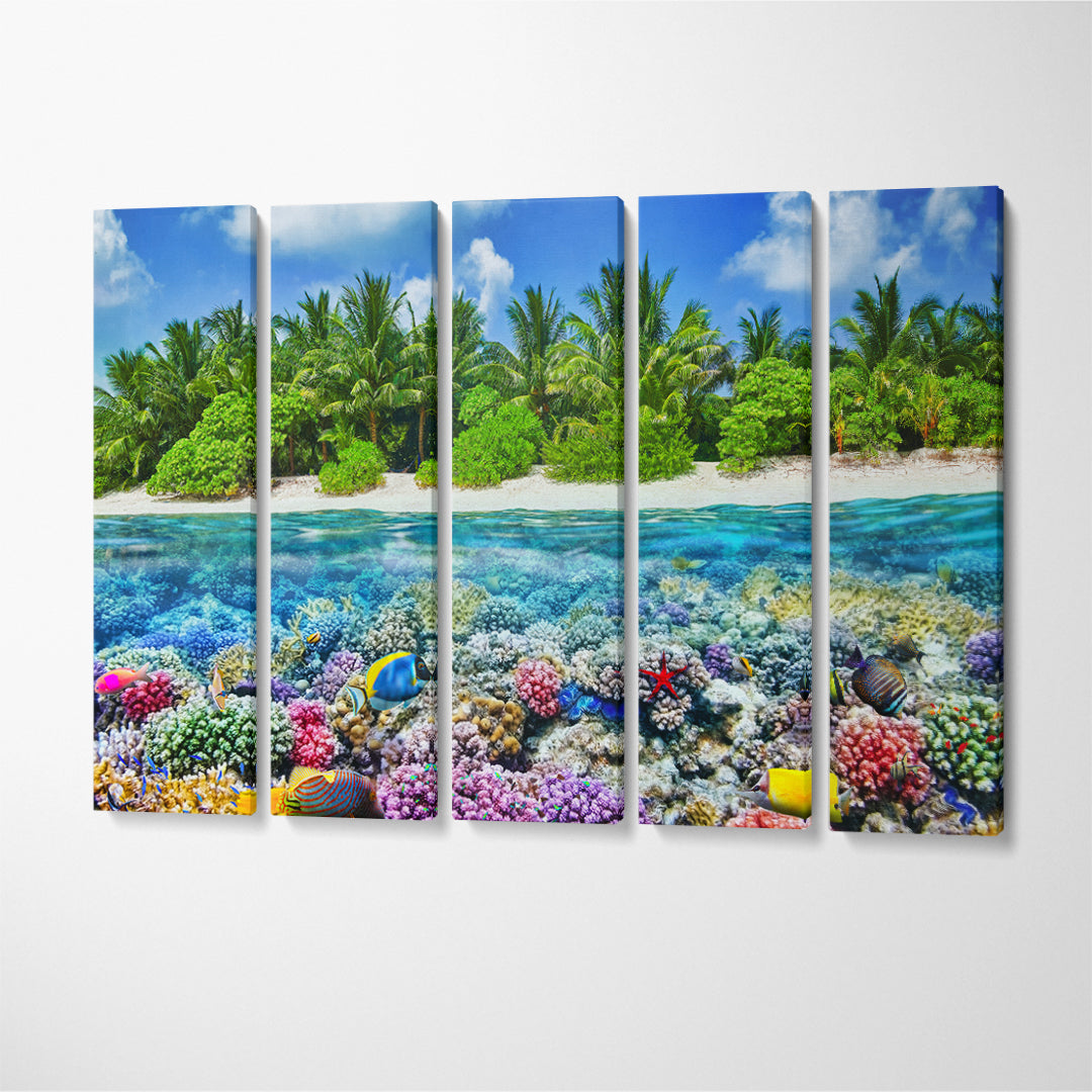 Tropical Thoddoo Island and Underwater World Maldives Canvas Print ArtLexy 5 Panels 36"x24" inches 