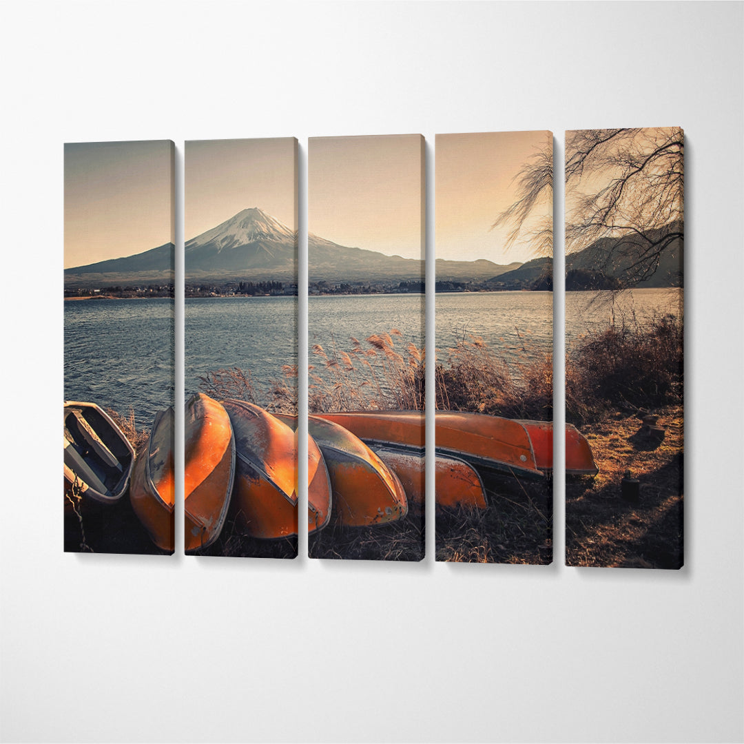Mount Fuji and Kawaguchi Lake with Old Boats Japan Canvas Print ArtLexy 5 Panels 36"x24" inches 