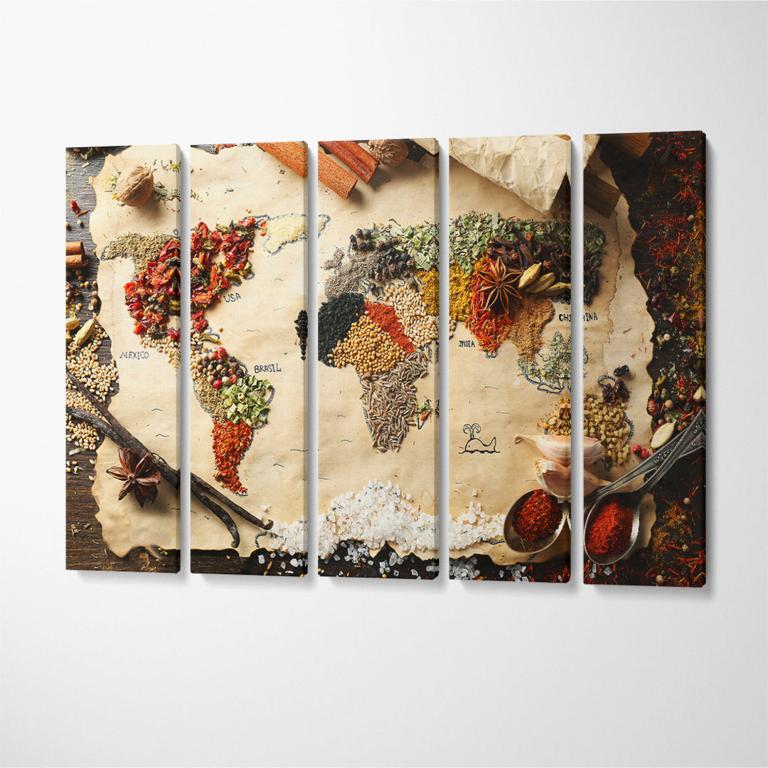 World Map with Spices Canvas Print ArtLexy 5 Panels 36"x24" inches 