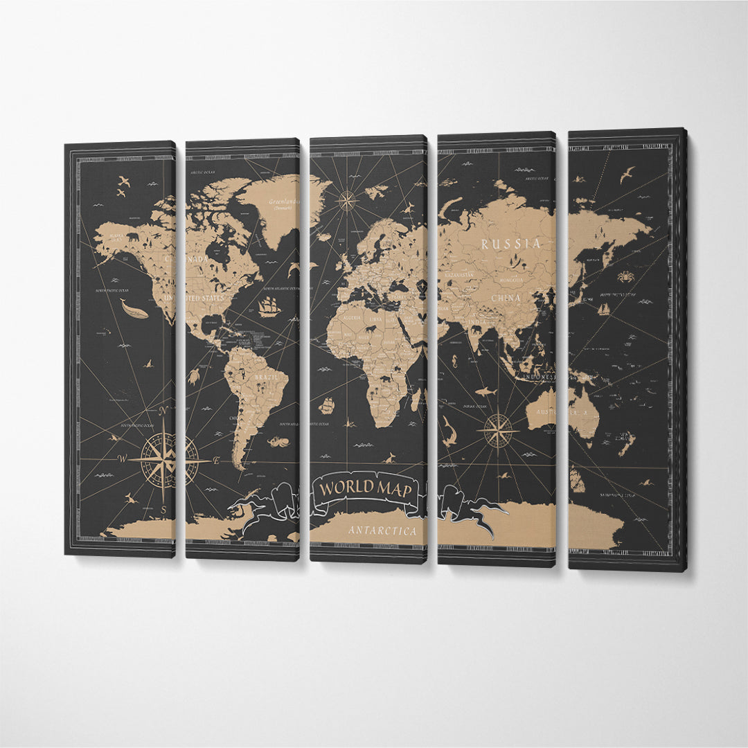Black Vintage World Map Canvas Print ArtLexy 5 Panels 36"x24" inches 