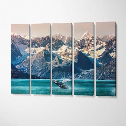 Whale In Ocean With Alaskan Mountain Landscape Canvas Print ArtLexy 5 Panels 36"x24" inches 