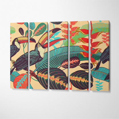 Toucans with Tropical Leaves and Flowers Canvas Print ArtLexy 5 Panels 36"x24" inches 