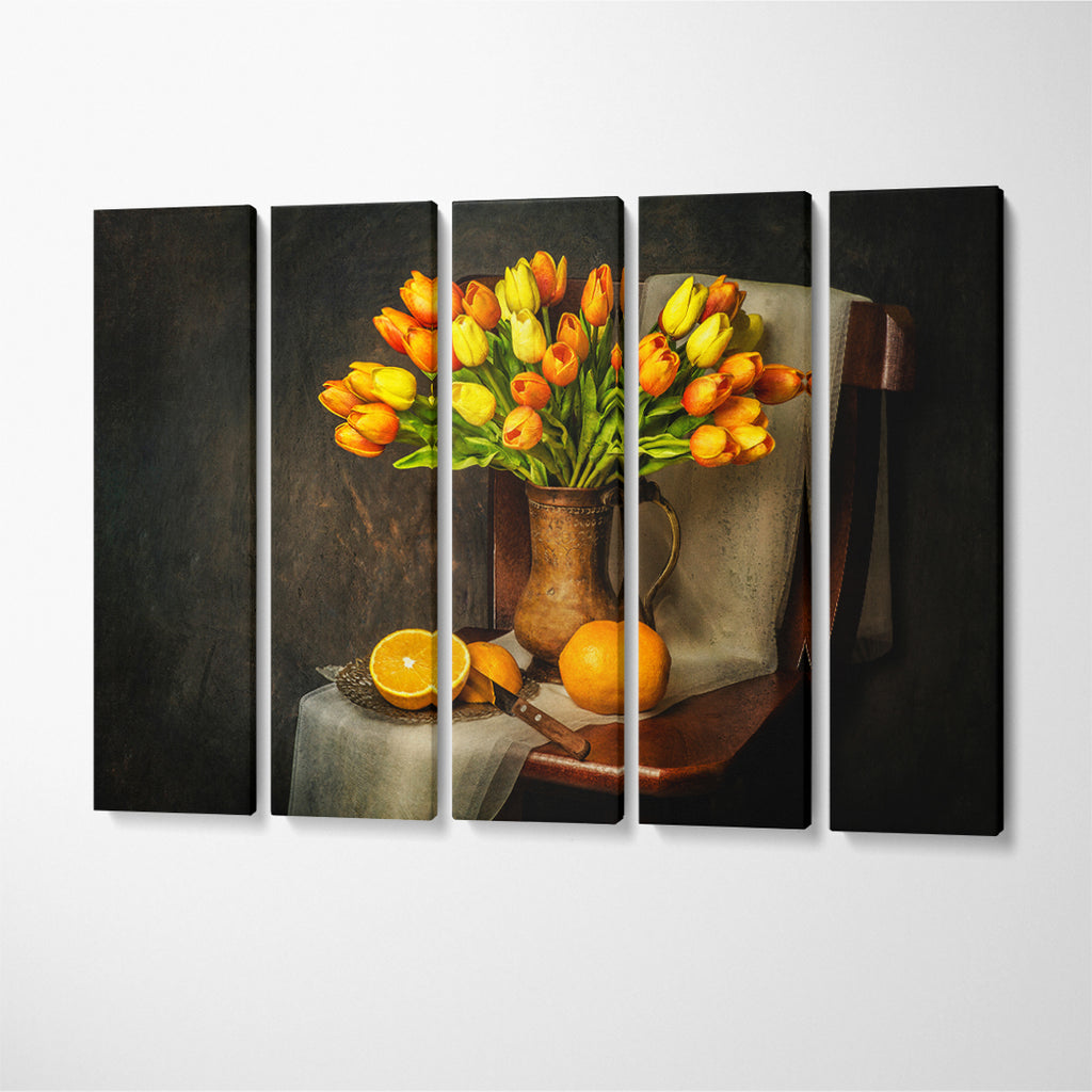 Still Life Yellow Tulips Flowers Canvas Print ArtLexy 5 Panels 36"x24" inches 
